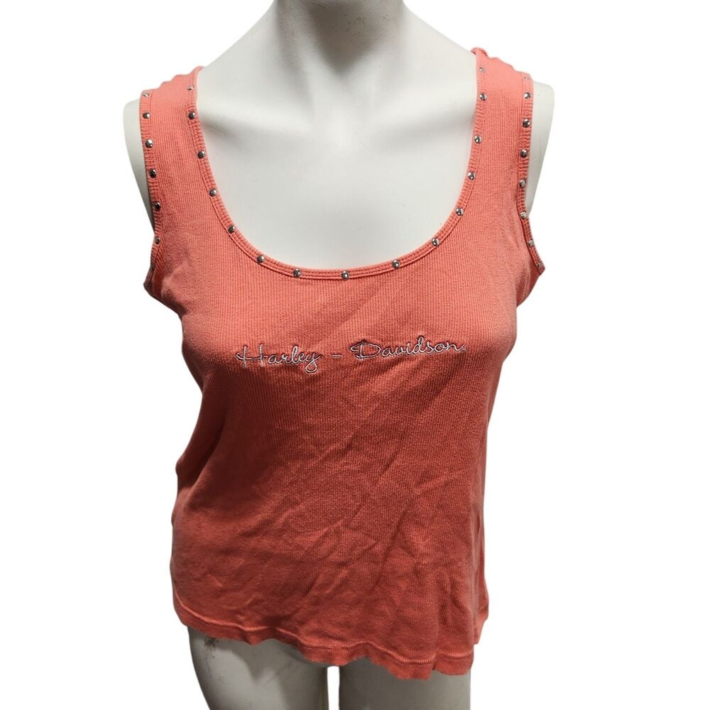 Harley Davidson Tank Top Womens M Orange Ribbed Studded Y2K Biker Loma Linda